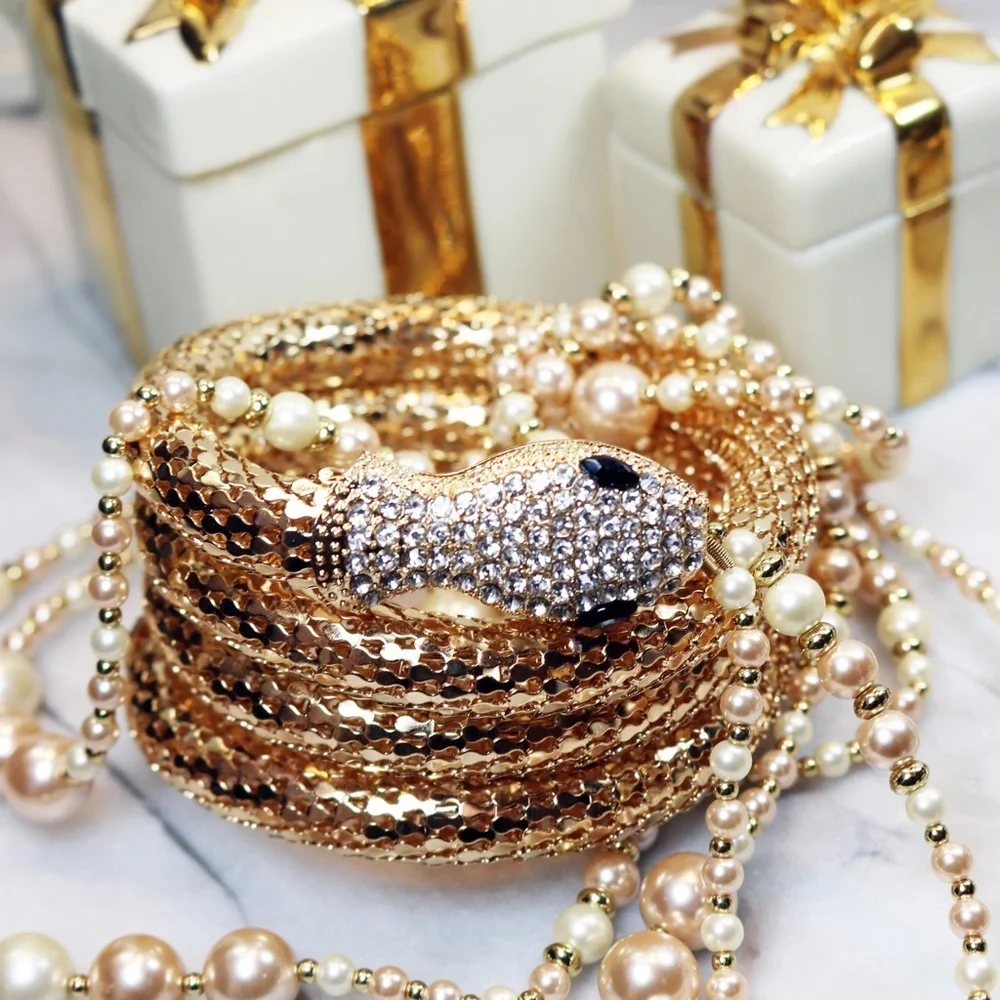 ⚜️ Kenneth Jay Lane Shimmering Gold Mesh and Clear Crystal Snake Wrap Bracelet - Picture 5 of 16